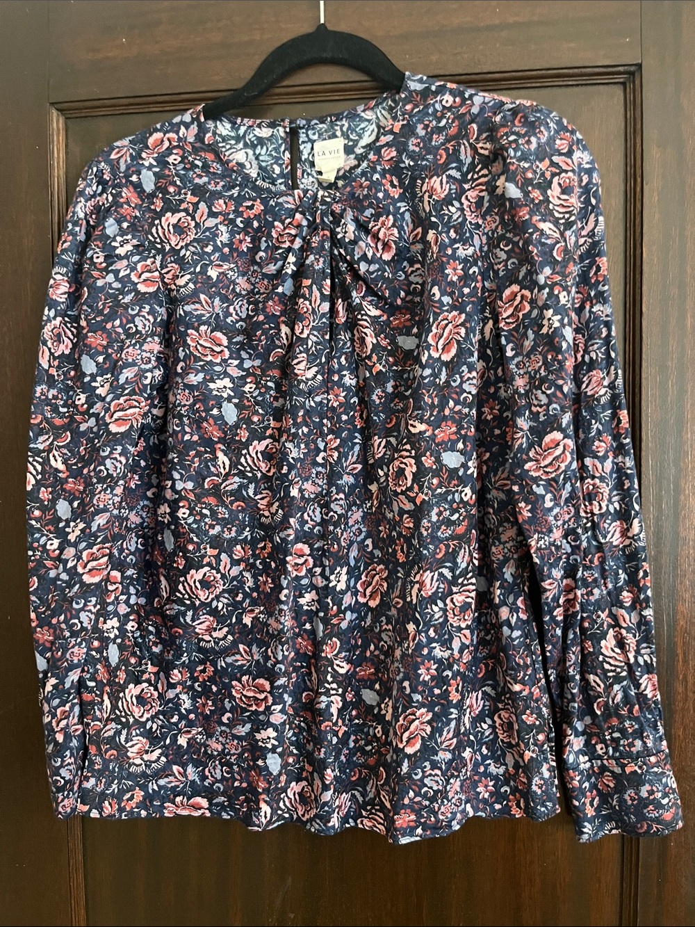 La Vie Navy Floral Tie-Neck Blouse